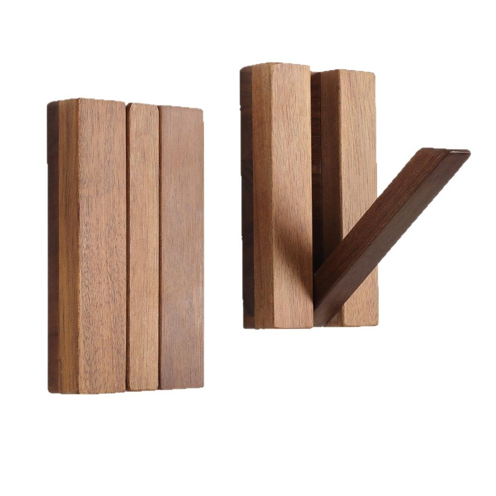 Foldable Wall Hooks 2Pack: Rustic Wooden Coat Hooks Mounted for Heavy Duty Hanging Hats Bags Beach Towels, Space Saving Minimalist Design for