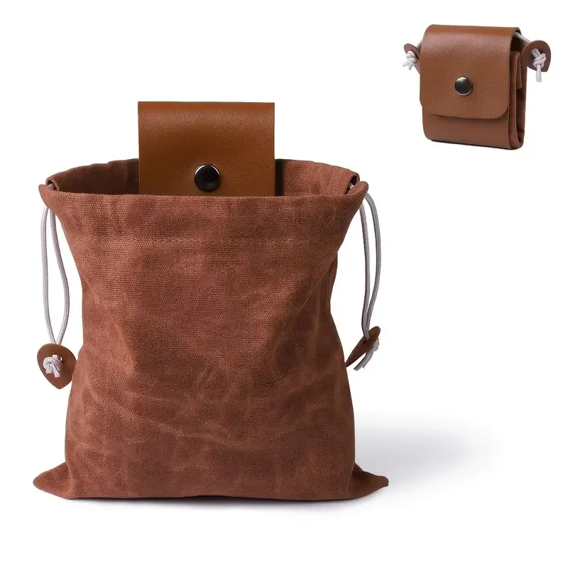 Canvas Foraging Bag Outdoor Fruit Picking Pouch Waist Pack Bushcraft Tool Bag PU Leather Lightweight Foldable Organizer/brown