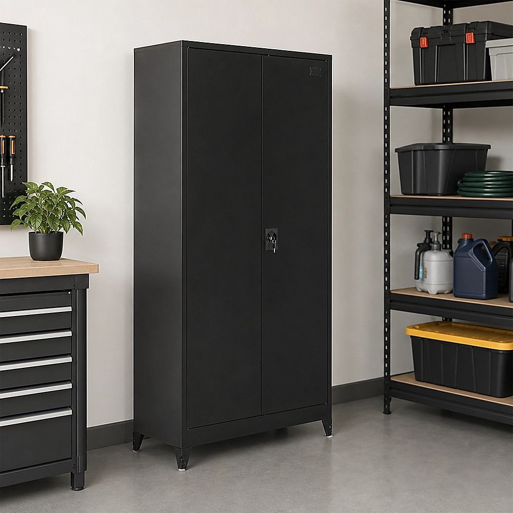 Black Two Door Metal Storage Cabinet with Legs Adjustable Shelf Lockable Steel Cupboard for Home Office Gym — image 2