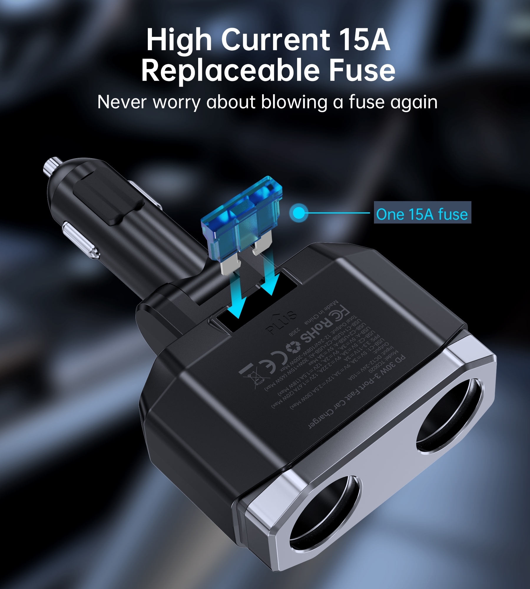 CHOETECH TC0020 45W 2 Sockets + 2x USB-C + 1x USB-A Cigarette Lighter Splitter — image 6