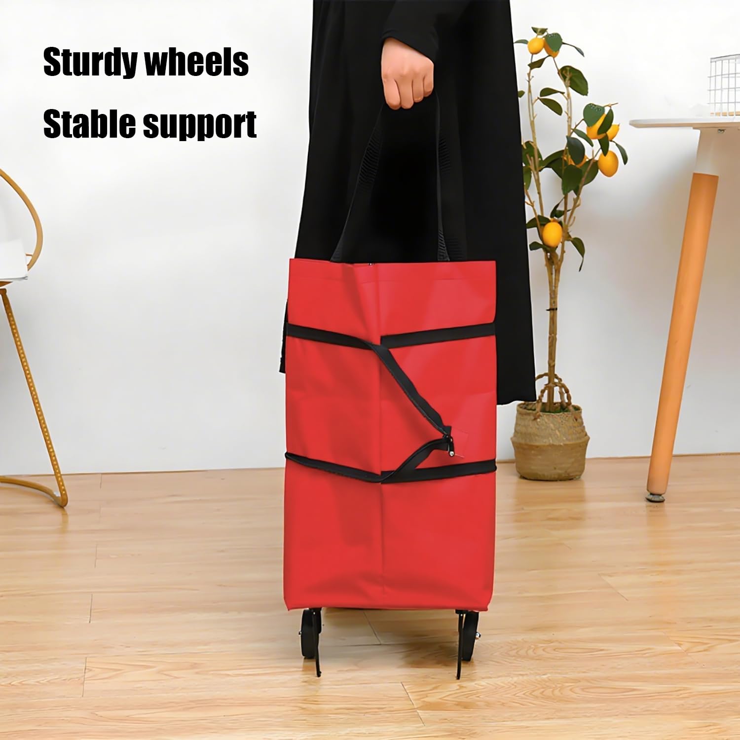 2-in-1 Collapsible Shopping Trolley with Wheels – Foldable Grocery Cart, Reusable Waterproof Oxford Bag for Supermarket, Picnic & Travel (Red) — image 5