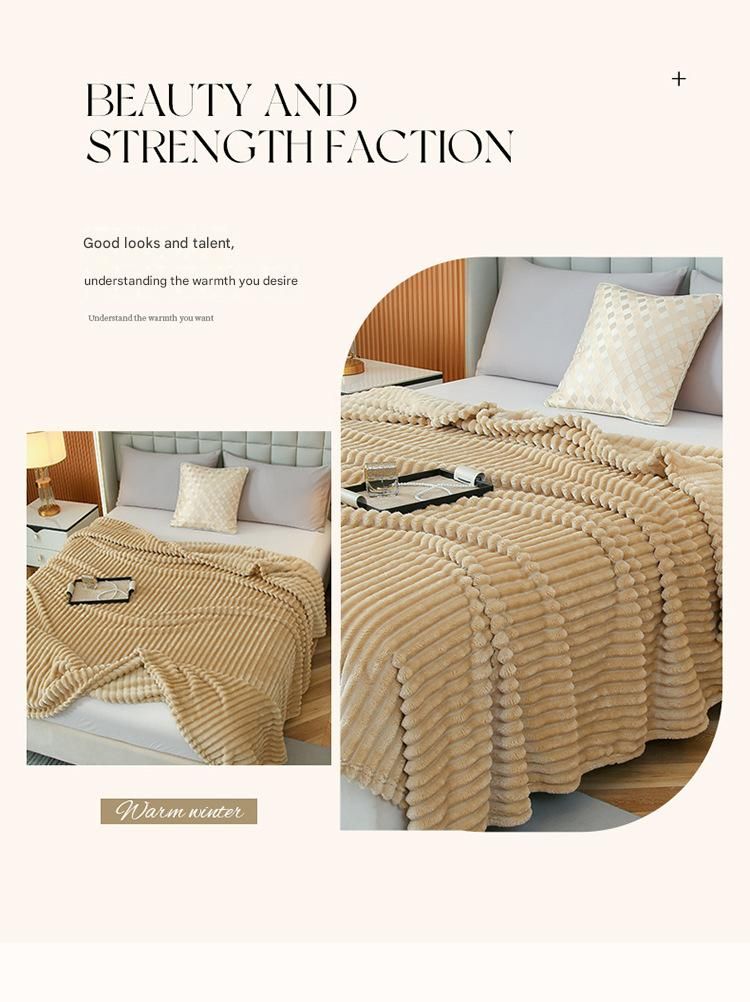 200*230cm Light Coffee Solid Colour Flannel Throw Blanket - Thick Double-Sided Fleece with Ribbed Texture - Soft throw blanket& Lightweight for Sofa, Bed — image 3