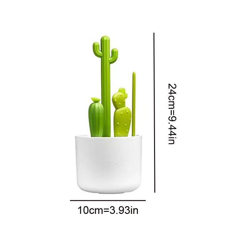 4 Piece Cactus Baby Bottle Cleaning Brush Set with Bottle Brush, Nipple Brush, Straw Brush and Drainage Holder, Green and White