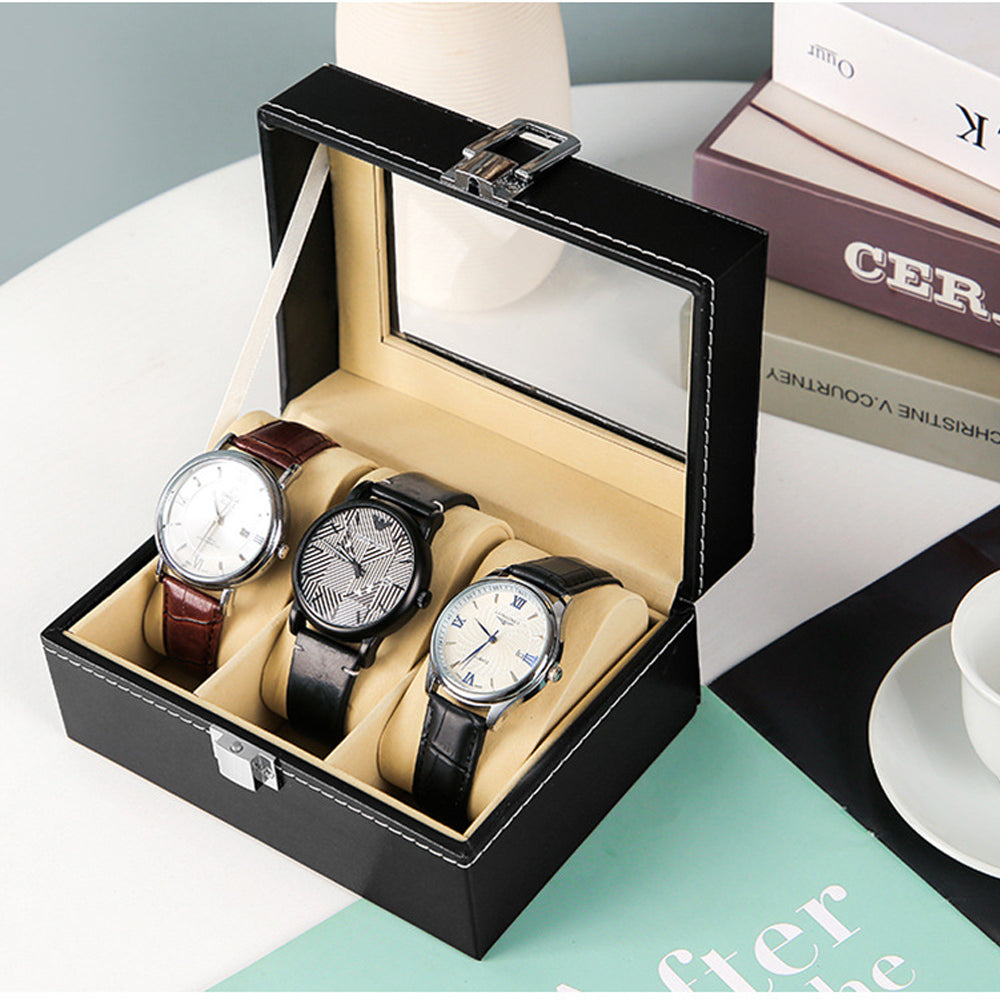 Watch Box Organizer Case Jewelry Display Tray Glass Top PU Leather(2 Slot) — image 4