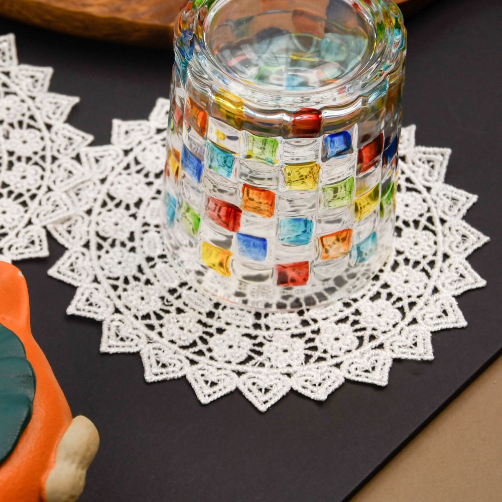 5.5 Inch Geometric Embroidered Lace Coaster (5 Pack) - Elegant Round Dining & Tea Table Mat Doily, Rose Style β image 2