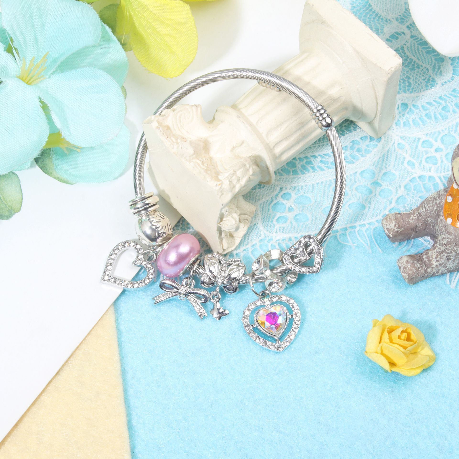 Cute Heart-shaped Beaded Bracelet with Rhinestones(19cm) โ image 5