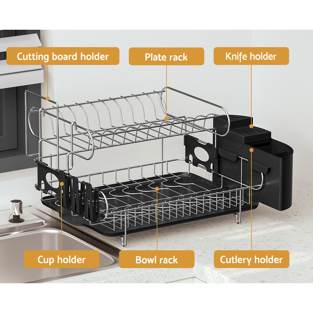 Cefito Dish Rack Drying Drainer Cup Holder Cutlery Tray Kitchen Organiser 2-Tier — image 4