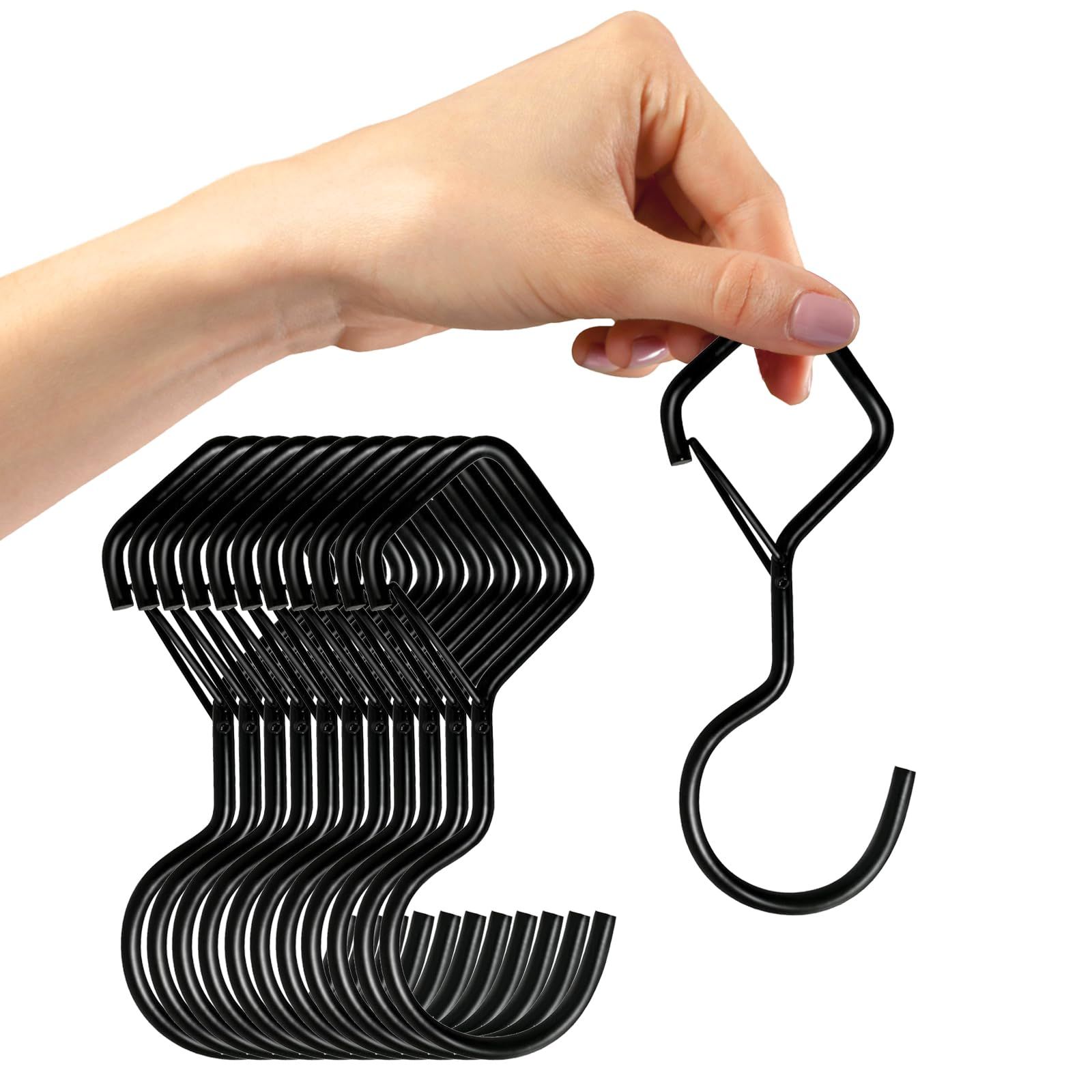 12 PCS S Hooks for Hanging,4 Inch Heavy Duty Closet Hooks with Safety Buckle,Closet Hooks Hanging for Plants,Clothes (Black)