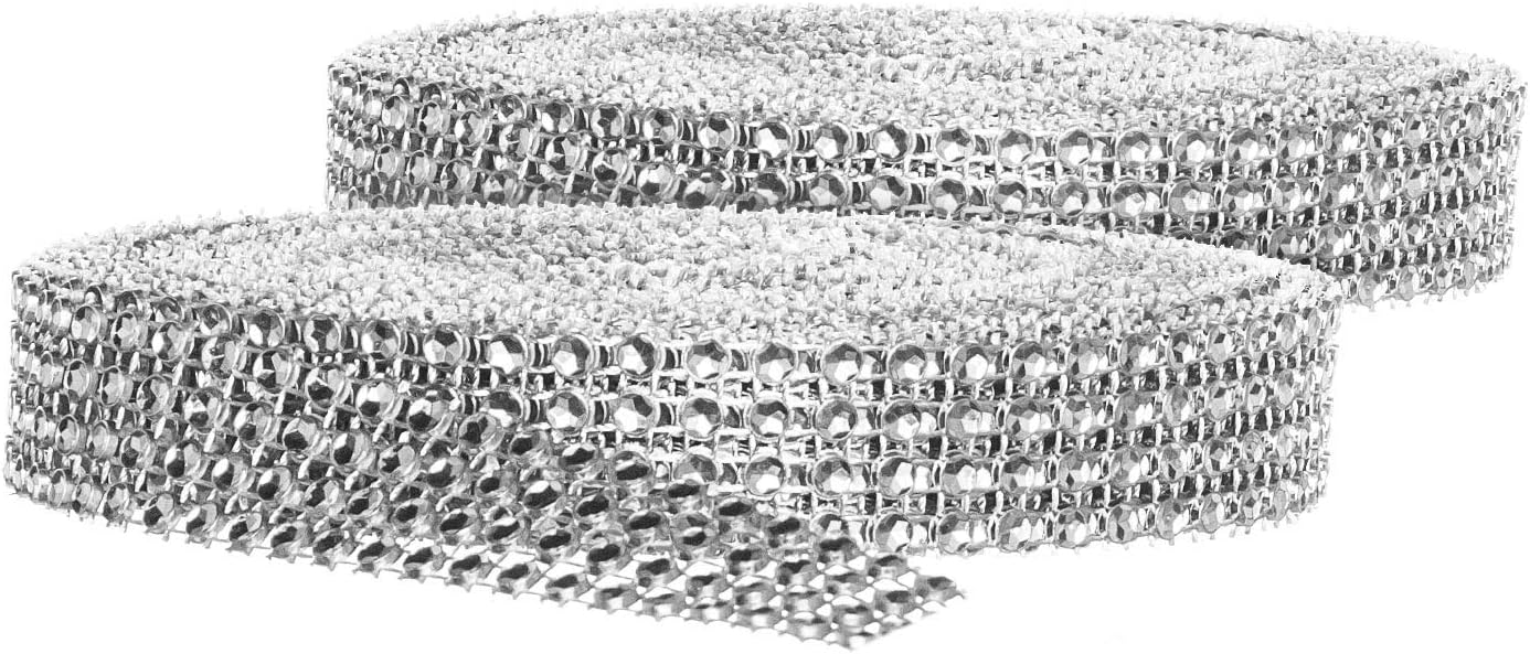 Rhinestone Diamond Bling Wrap Ribbon for Wedding Cake, Party, Holiday & Home Decoration, Silver 4-Rows, (2 Rolls) 10 YDS EA