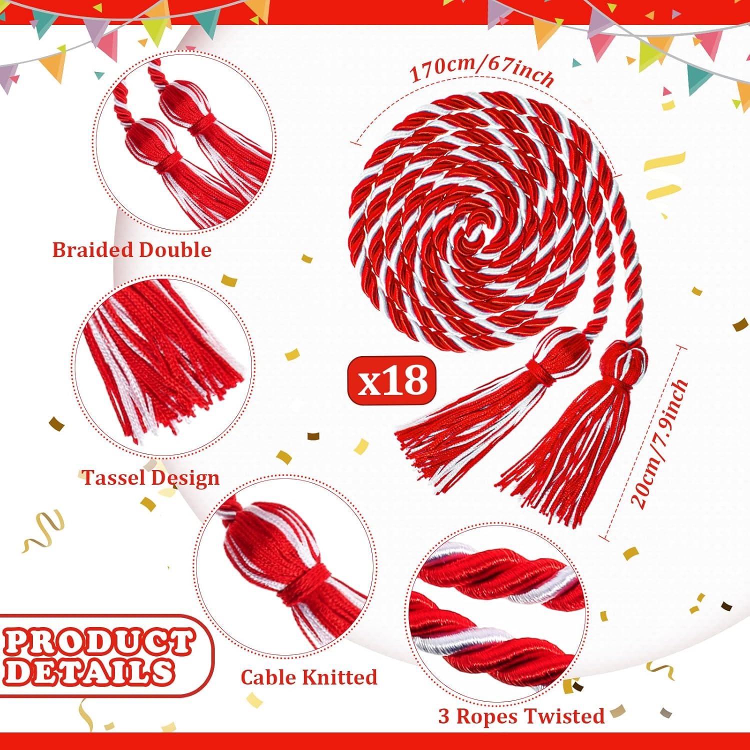 18 Pieces Graduation Cords Bulk 2026 Polyester Yarn Honor 67 Inch Braided Ropes with Tassels for College Students (Red and White) Red White — image 2