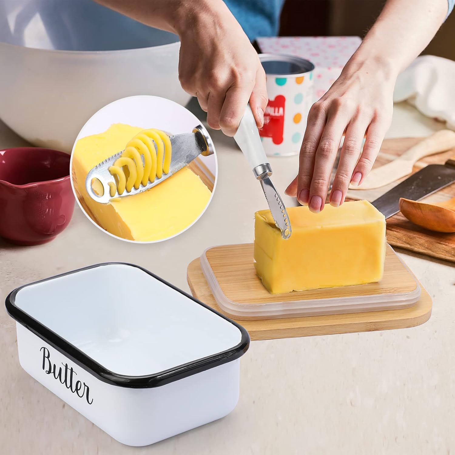 Butter Dish with Lid and Curler Knife - Unbreakable Stainless Steel Keeper Container Double Silicone Sealing, for Kitchen Farmhouse Decor White โ image 6
