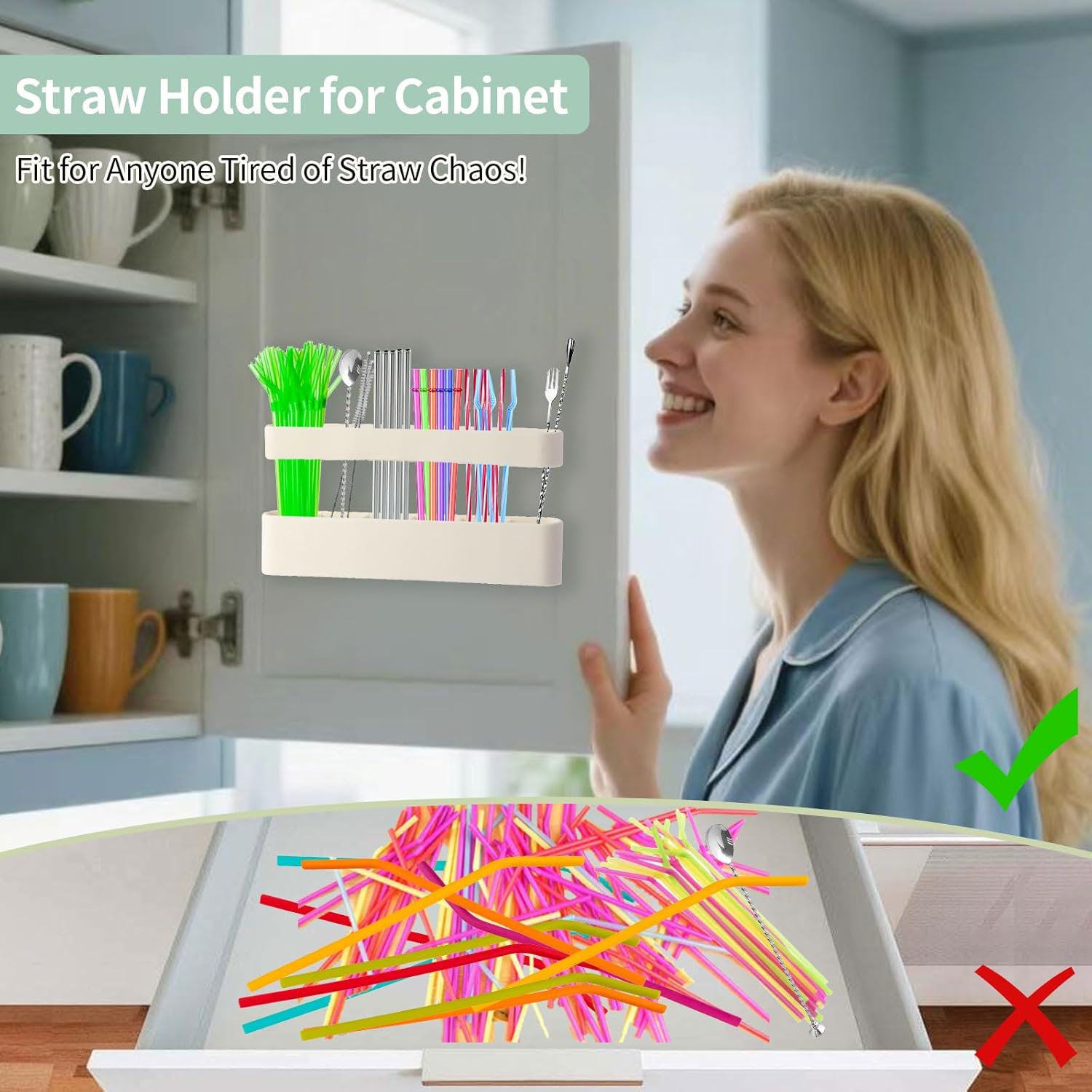 9.6'' Large Silicone Straw Holder for Cabinet Door, Space-Saving Straw Organizer Container with Adhesive Tape, Stylish Kitchen Organizers and Storage — image 2
