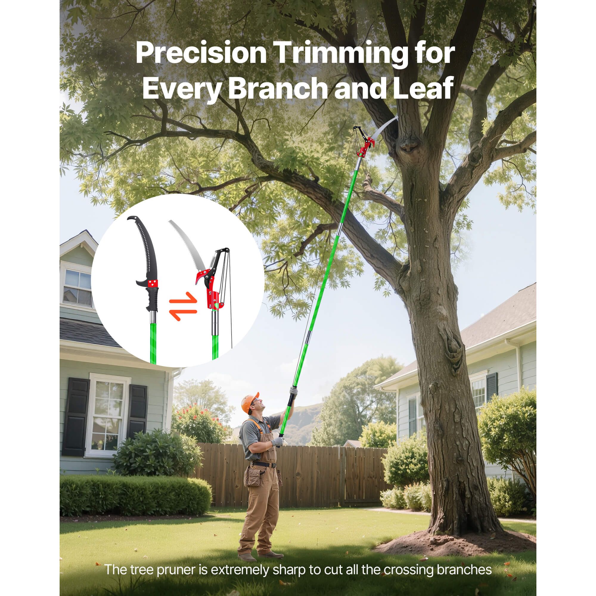 Manual Pole Saw, 118-809.3 cm Extendable Pole Tree Pruner with Scissors, Sharp 65Mn Steel Blade, Lightweight Fiberglass Handle Pole, for High Branch Trimming — image 4