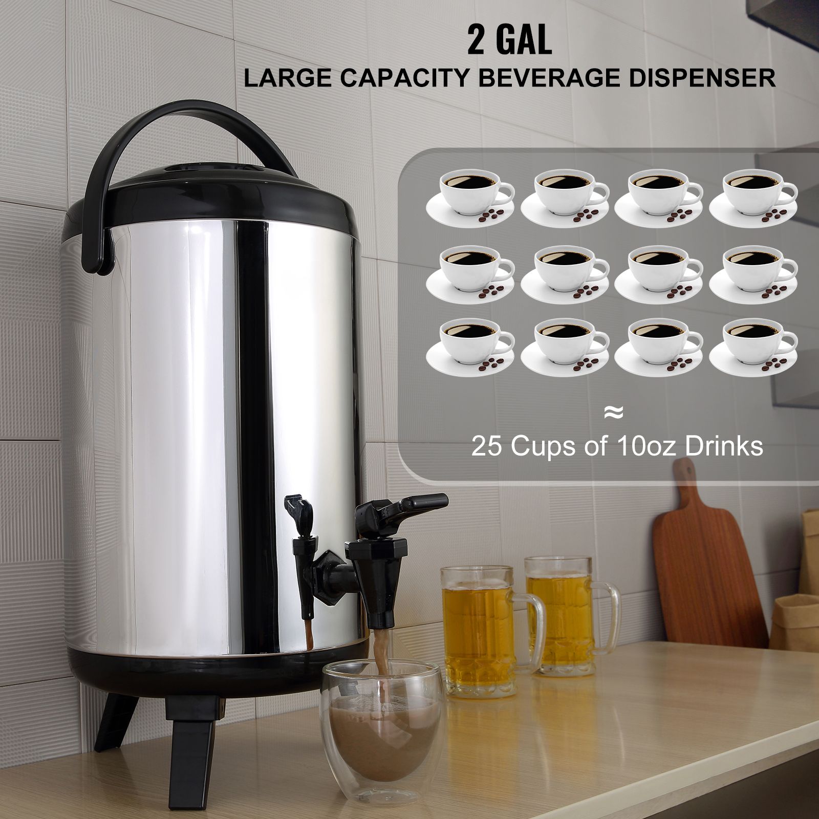 Stainless Steel Insulated Beverage Dispenser, 7.6 Liter, Thermal Hot and Cold Drink Server Dispenser with Spigot Handle, Food-grade for Hot Tea Coffee Water — image 2