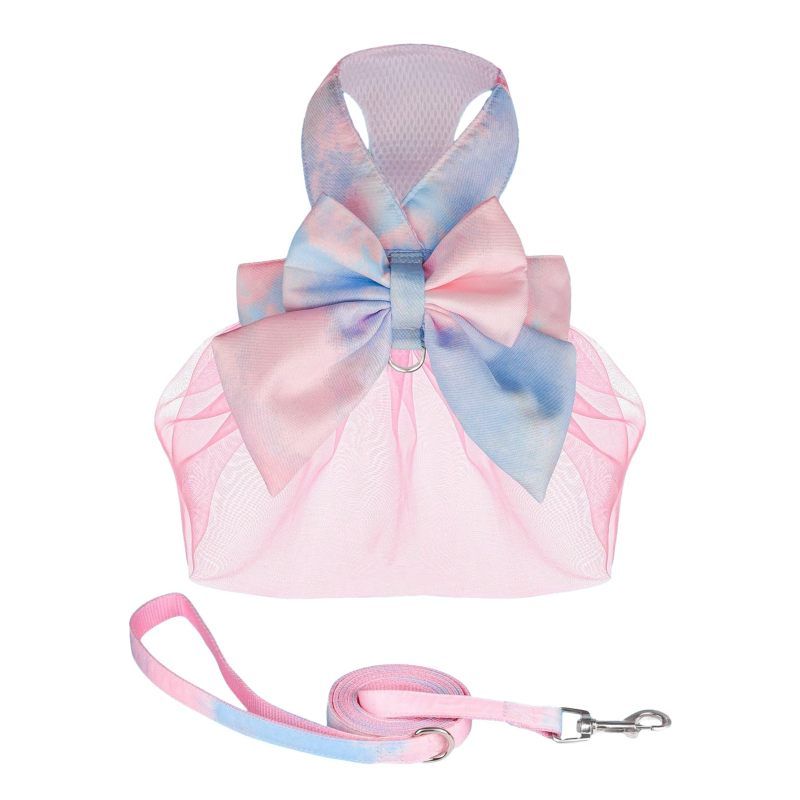 Tie-dye Dog Harness and Leash Set Bow Decor Puppy Cat Harness with Leash Soft No-Pull No Choke Mesh Harness Dress Set Pink L