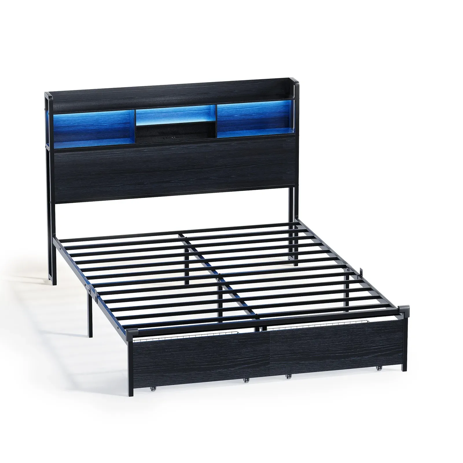 Double Black LED Bed Frame with 2 Storage Drawers and Charging Station โ image 4