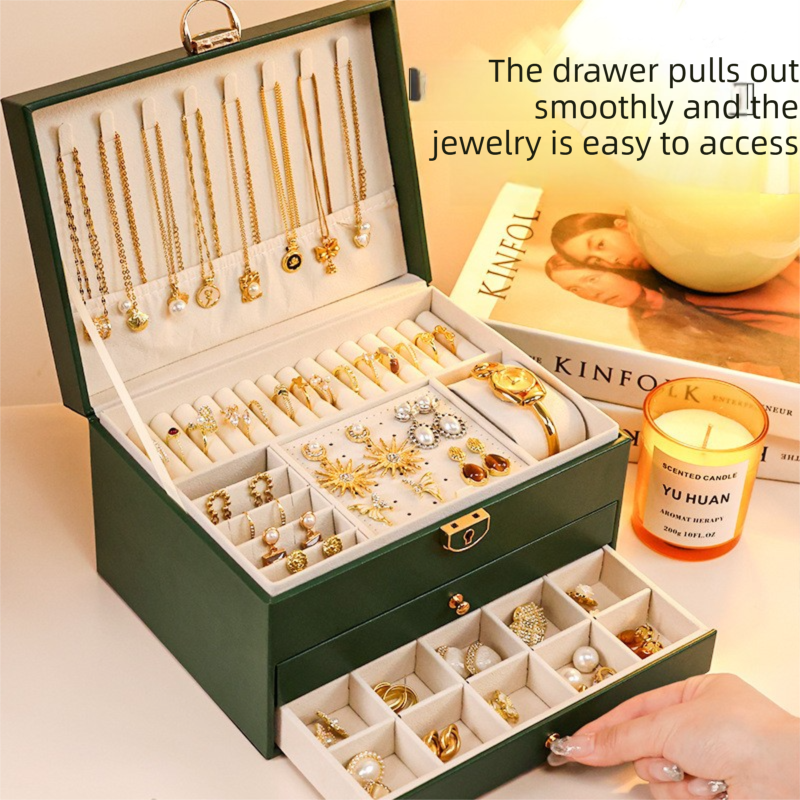 White Large Lockable Jewellery Box with 3 Drawers PU Leather Jewellery Organiser Case for Rings Earrings Necklaces Watches and Bracelets โ image 4