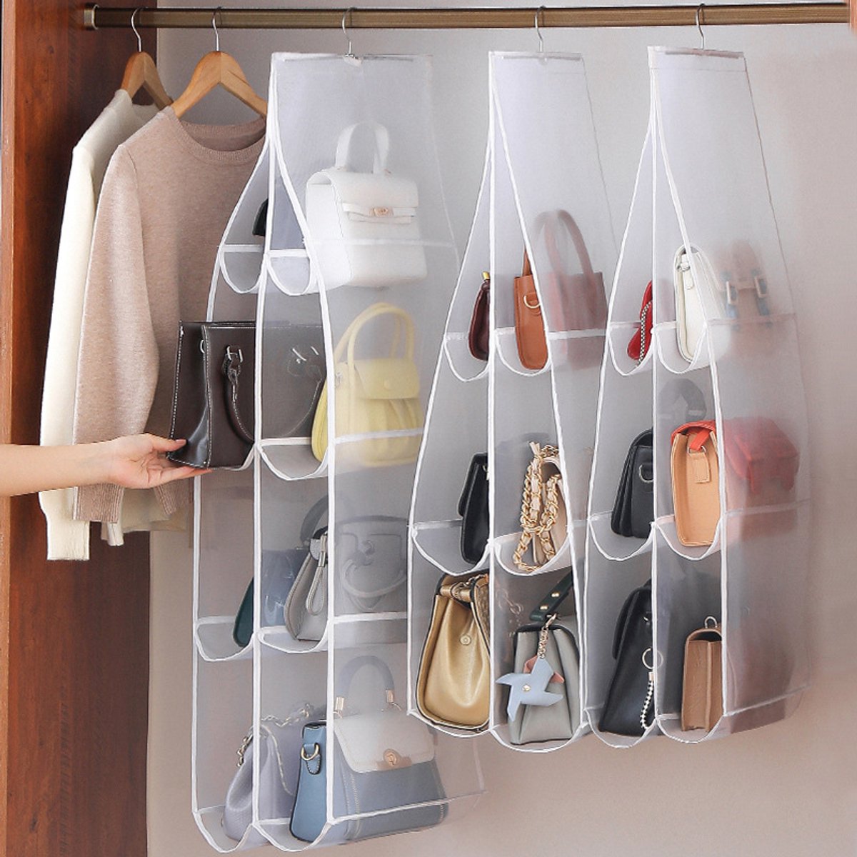 Hanging storage shelf - Closet organizer - Wardrobe organizer - 6 compartments - Suitable for handbags, clothes and toys (set of 3) — image 2