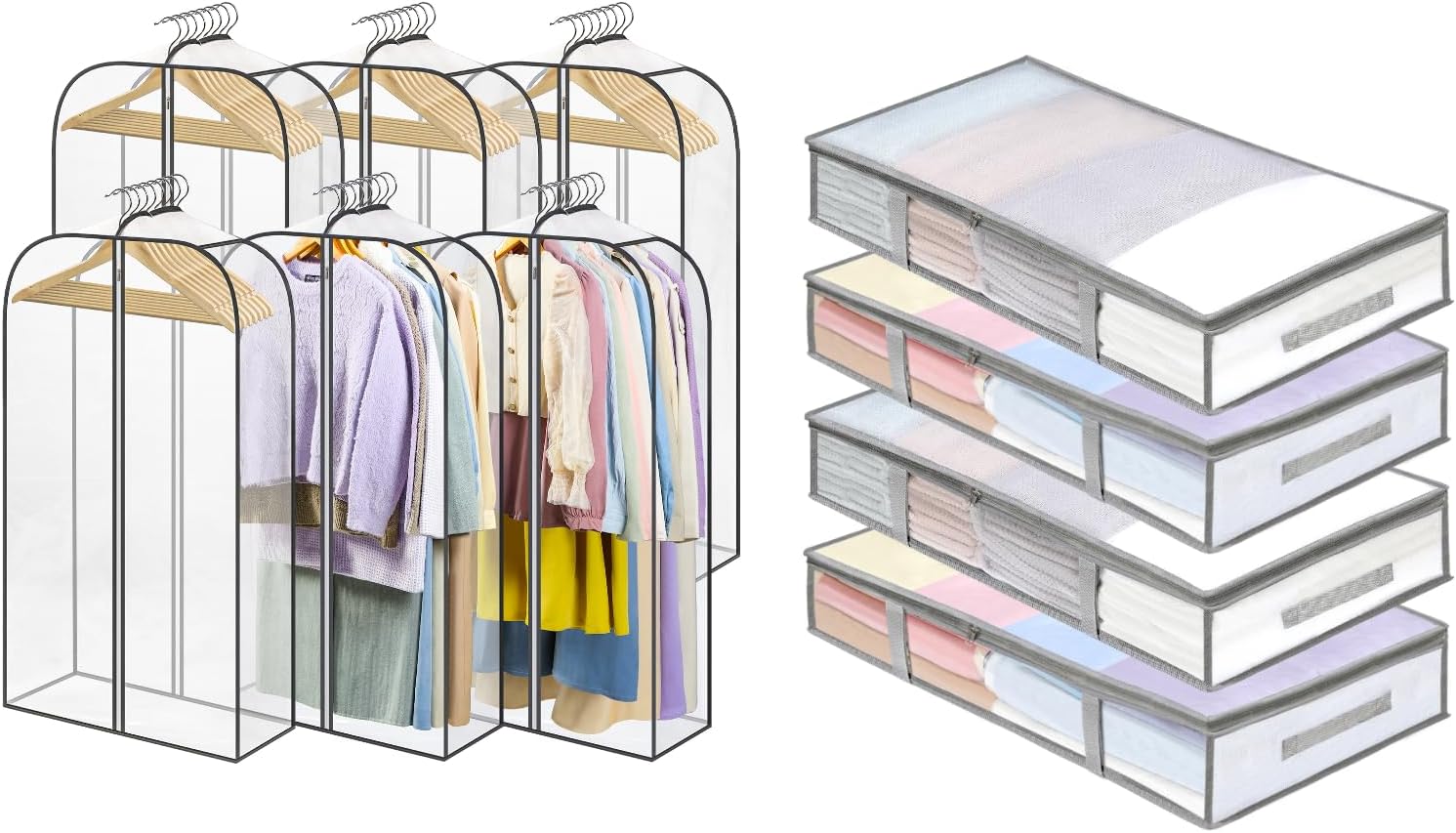 4 Packs Under Bed Storage Containers Bins-55L, 6 Pack Clear Garment Bags-40'' Long