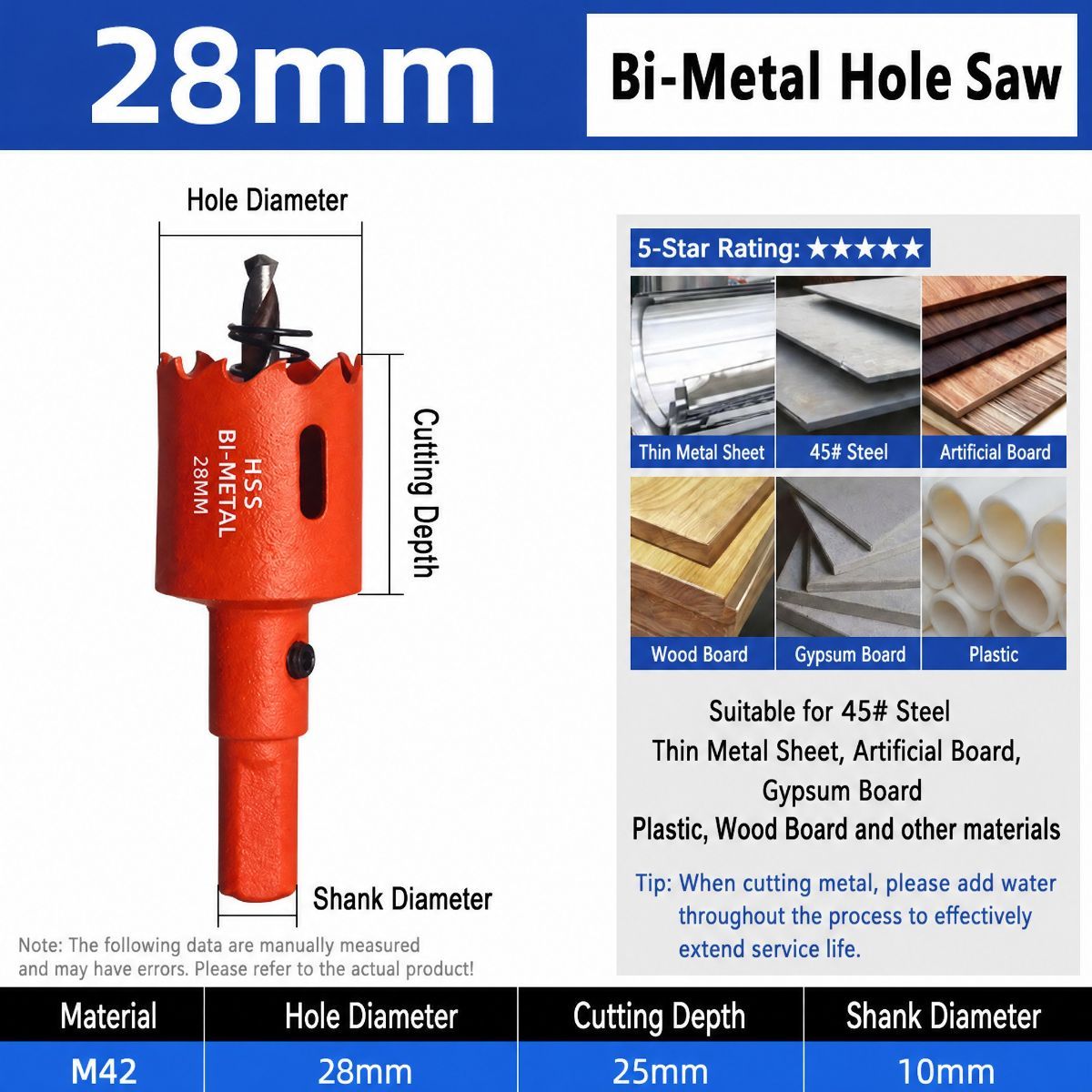 28mm Bi-Metal M42 High Speed Steel Hole Saw | with Pilot Drill Bit, Smooth Cutting Edge for PVC, Drywall, Wood, Plastic, Gypsum Board, Rubber, Thin