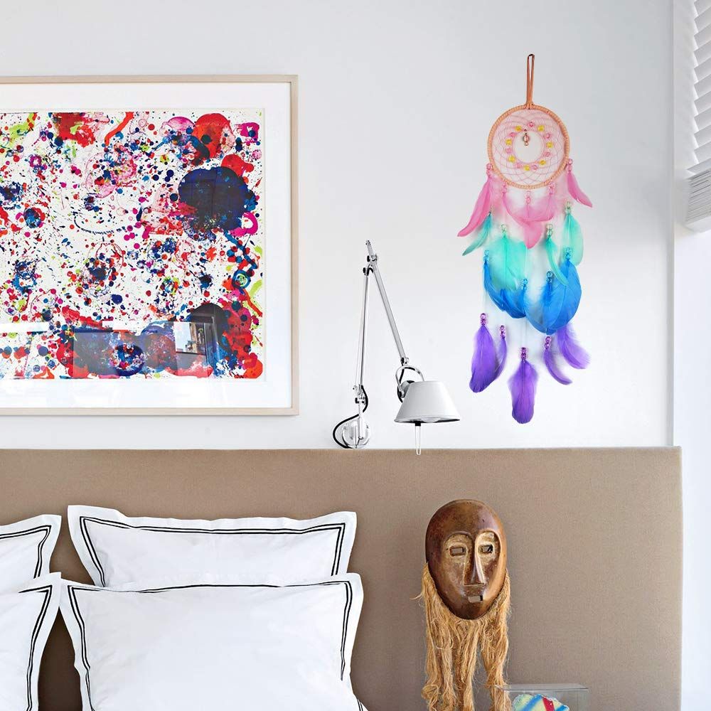 Colorful Dream Catchers, Handmade Feather Native American Circular Net for Kids Boys Girls Bedroom Wall Hanging Decoration — image 4