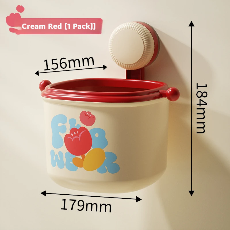 Cream Red Cute Suction Cup Wall-Mounted Trash Bin with Bag Press Ring and Wide Opening - Multifunctional Organizer & Waste Basket for Office Living Room And