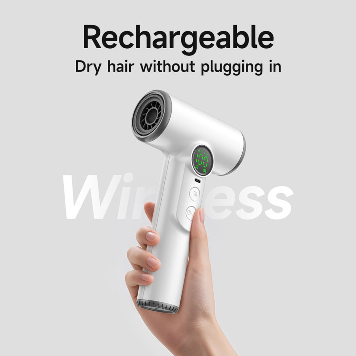 Professional cordless hair dryer - 3 speeds and 3 temperatures, USB rechargeable battery, 200W, portable with digital display for women, beach and camping — image 2