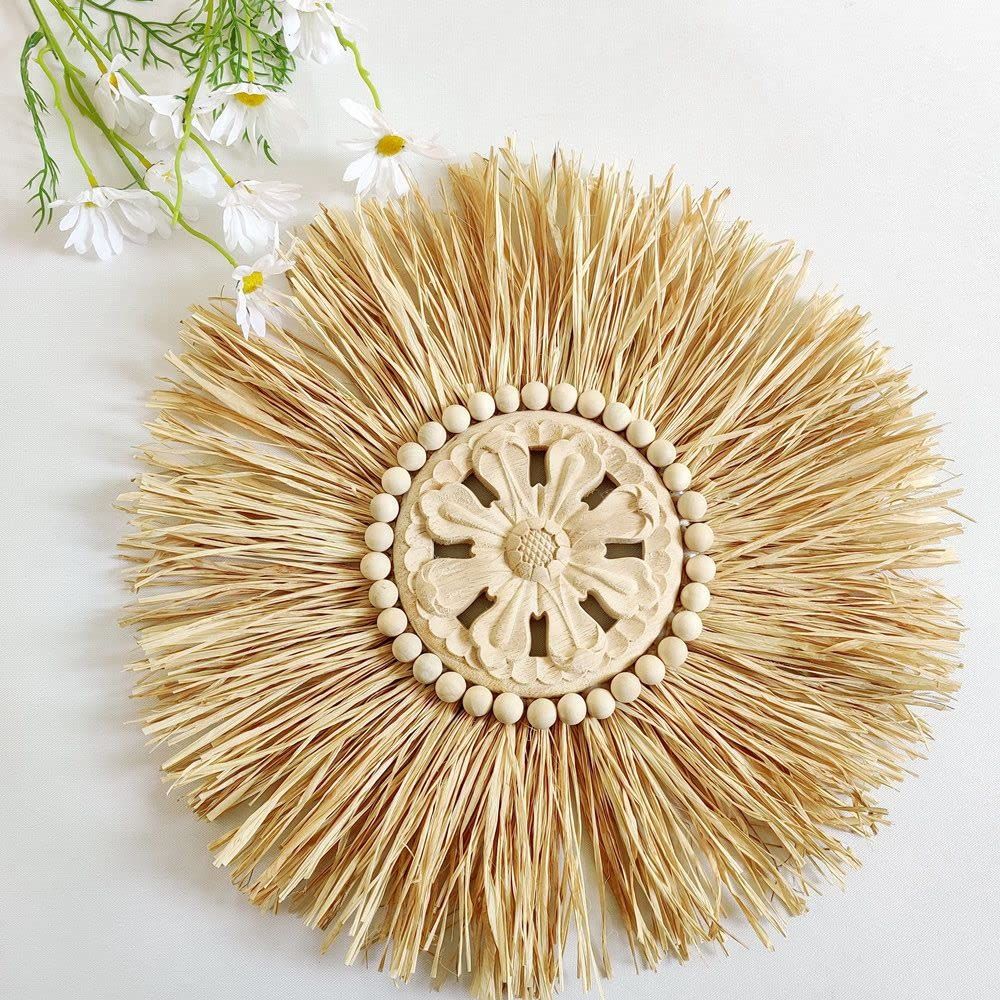 Boho Handmade Woven Straw Wall Decor Moroccan Wood Beads Wall Hanging Ornament Round Home Decoration for Living Room β image 5