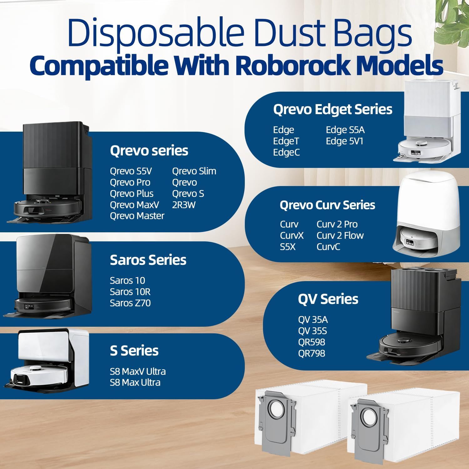 25 Packs Disposable Dust Bags for Roborock QV35A/ Qrevo S5V, Saros 10R/10/Z70, S8 MaxV/Max Ultra, Qrevo MaxV/Pro/Curv/CurvX/Edge/Slim/Edge — image 2