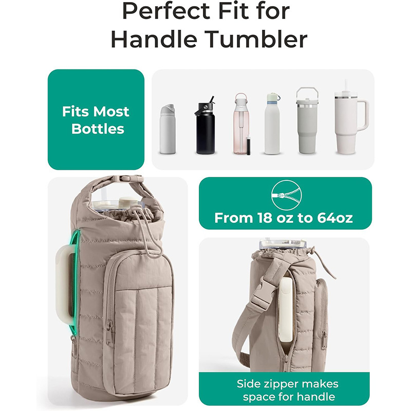 Khaki Nylon Quilted Insulated Water Bottle Bag for 18-64oz Flask - Lightweight Sports & Travel Puffer Shockproof Protective Pouch — image 3