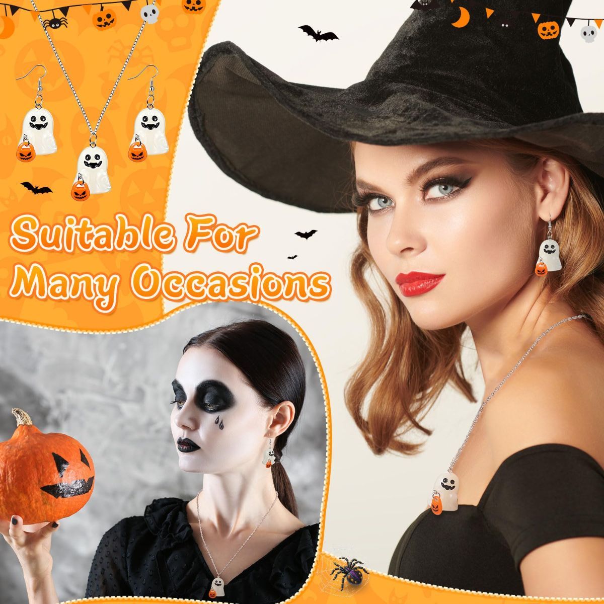 Halloween Ghosts Earrings and Necklace Set Glow in the Dark Adopt a Ghost Earrings Necklace Spooky Light up Halloween Jewelry Set for Women and Men โ image 5