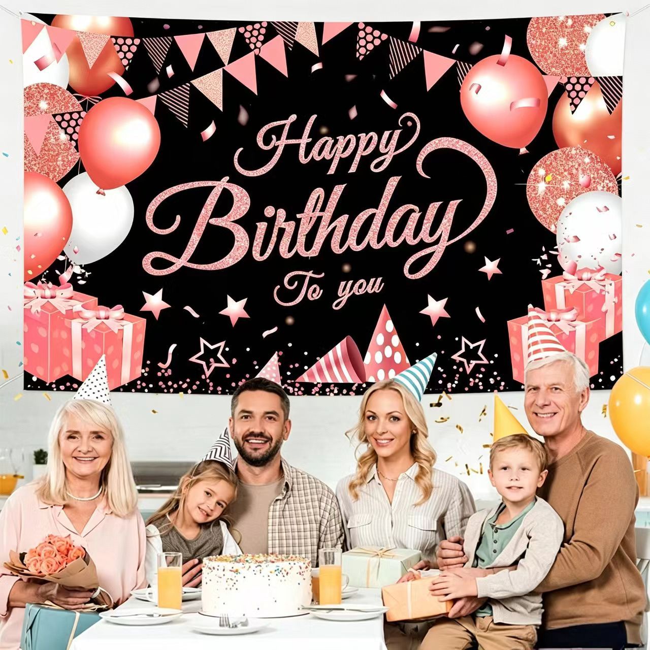 180*115cm Black and Pink Happy Birthday Banner - Glitter Party Backdrop & Confetti, Durable Polyester Wall Decoration for Birthday Parties, Photo Booth — image 4