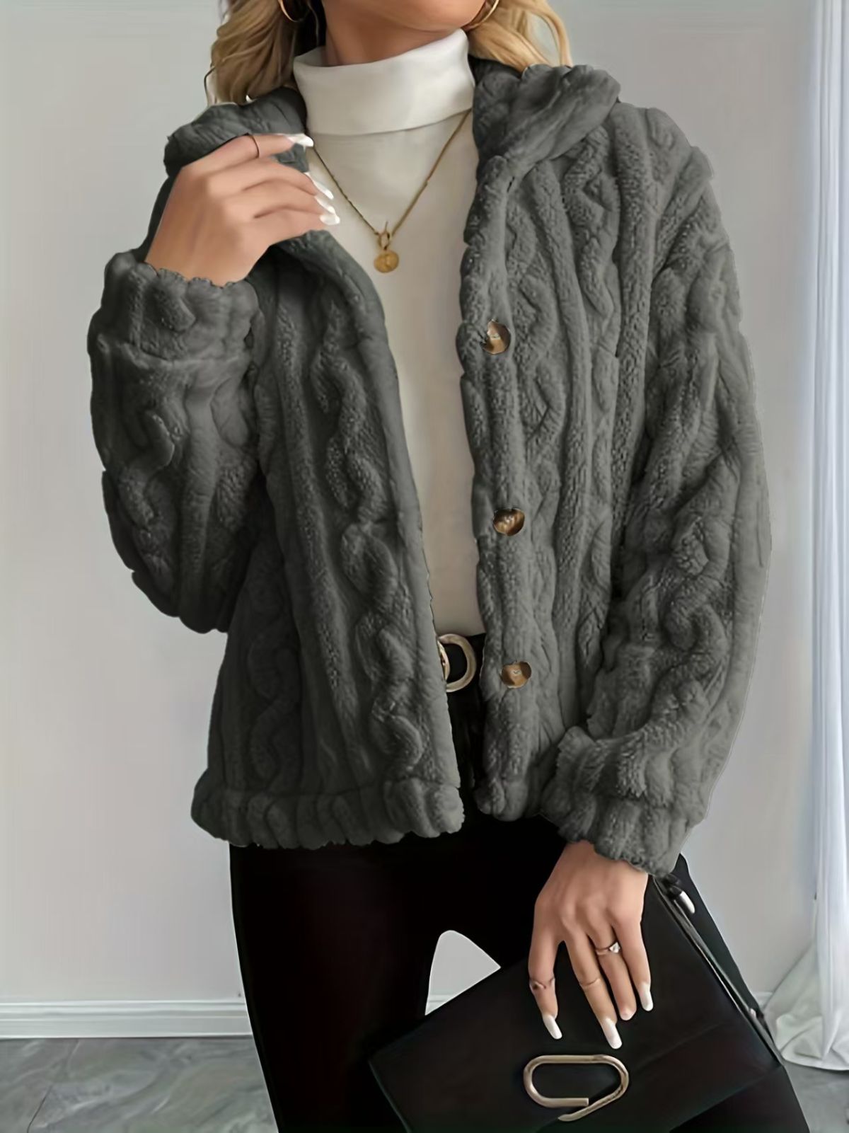 Double-Sided Fleece Coat Turn-Down Collar Button Coat Women'S Winter Outerwear - Sky Blue - Size L(AU L/EU50) โ image 4