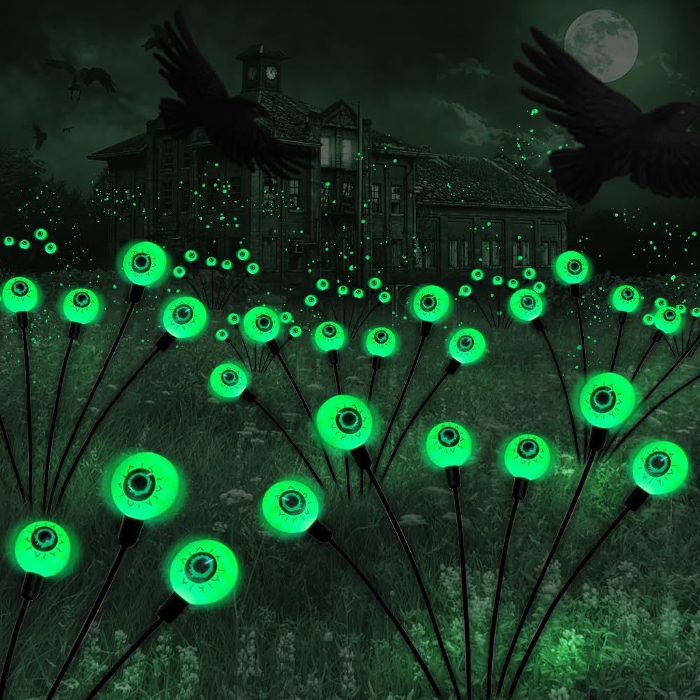 Halloween Decorations Outdoor Solar Scary Eyeball Lights, 2PACKS LED Green Eyeball Swaying Firefly Lights, Waterproof Solar Halloween Path Lights for