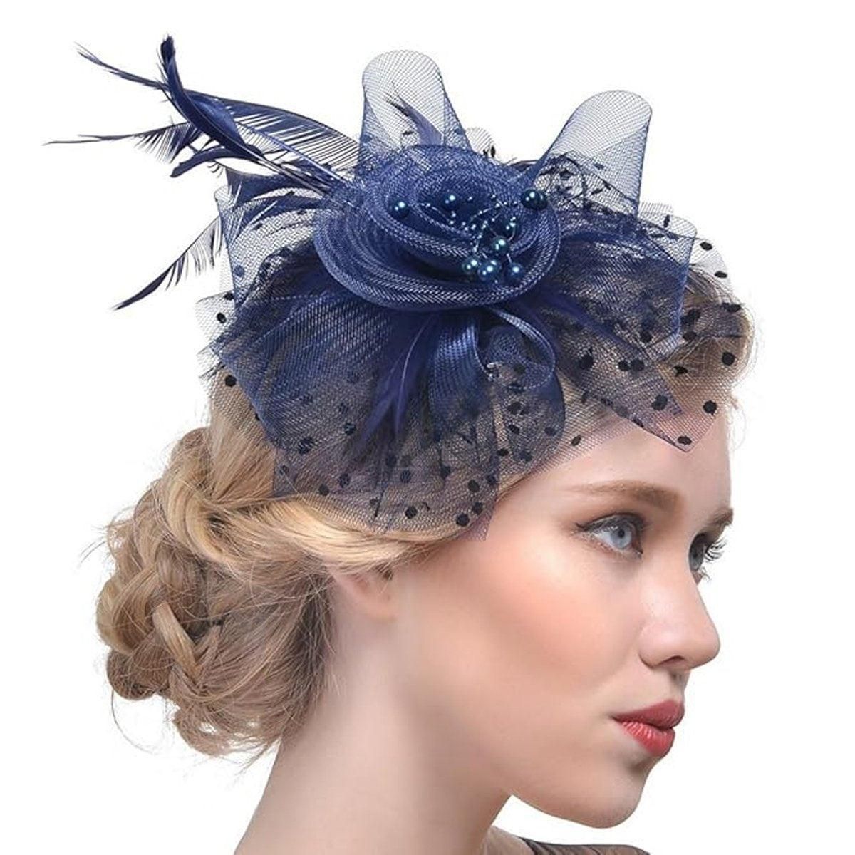 Blue Vintage Bridal Headdress Feather Flower Mesh Hair Accessories for Cheongsam — image 6