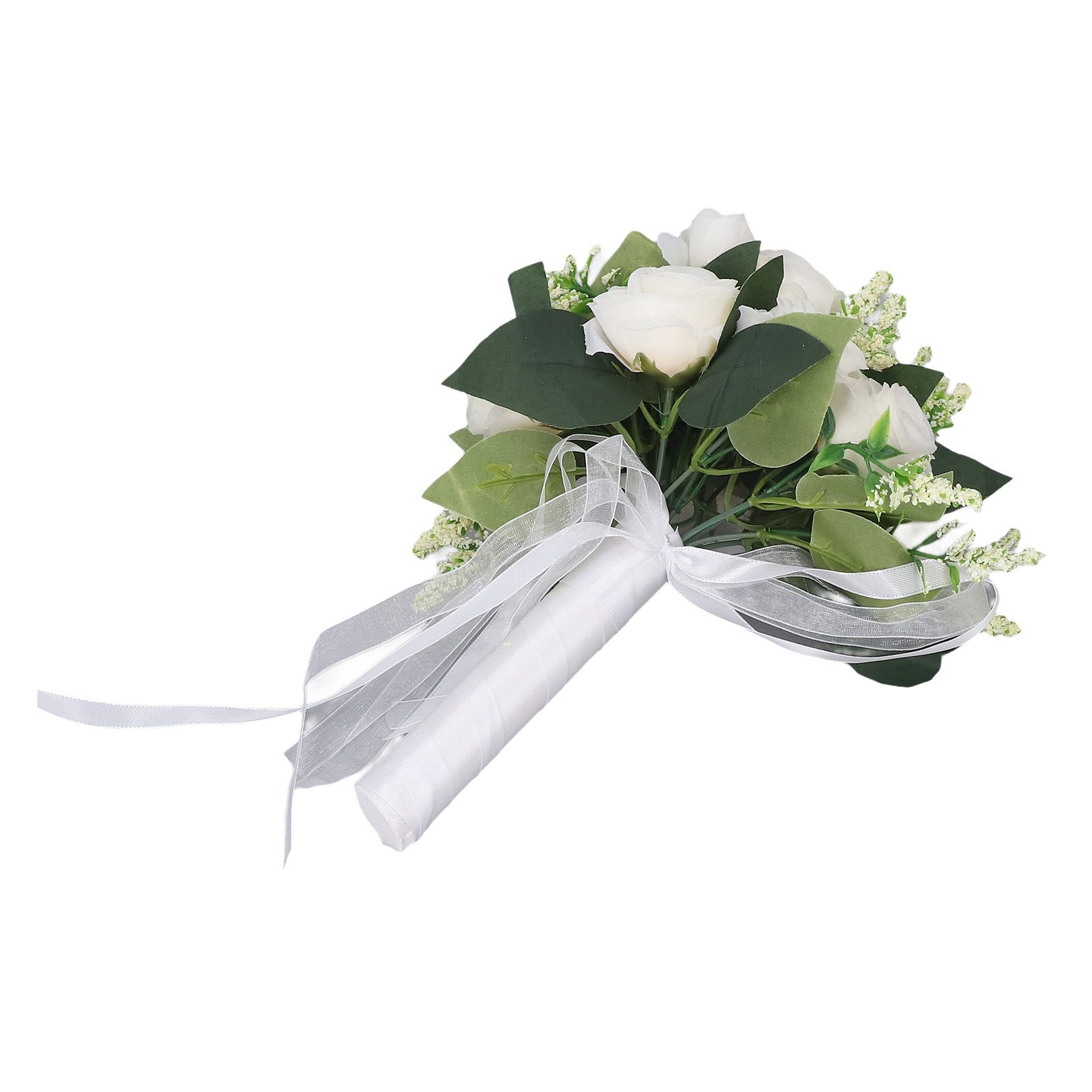 Wedding Bouquet Simulation Artificial Rose Lifelike Green Leaves Modern Elegant Rose for Wedding Church Home Decor Milky White — image 3