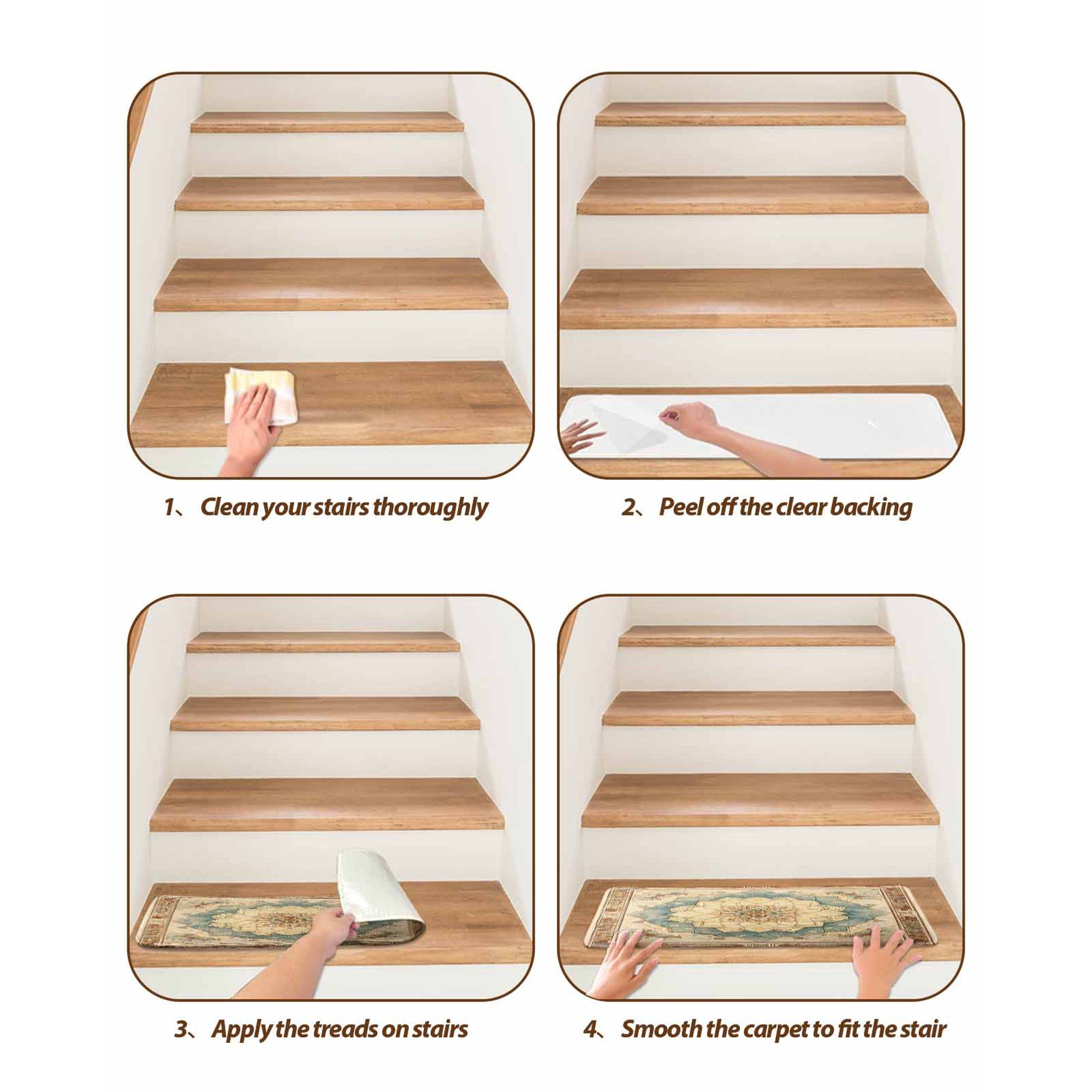 4 Pcs Blue Vintage Floral Non Slip Stair Treads, Adhesive Carpet Runners for Wooden Steps Pets and Seniors, 8 × 30 in — image 6