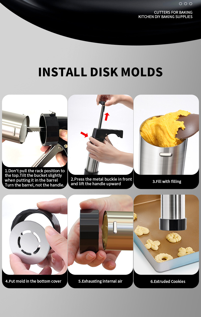 Silver and Black Stainless Steel Cookie Press Gun Kit - Biscuit Maker & Icing Decorating Set with 13 Discs & 8 Nozzles — image 4