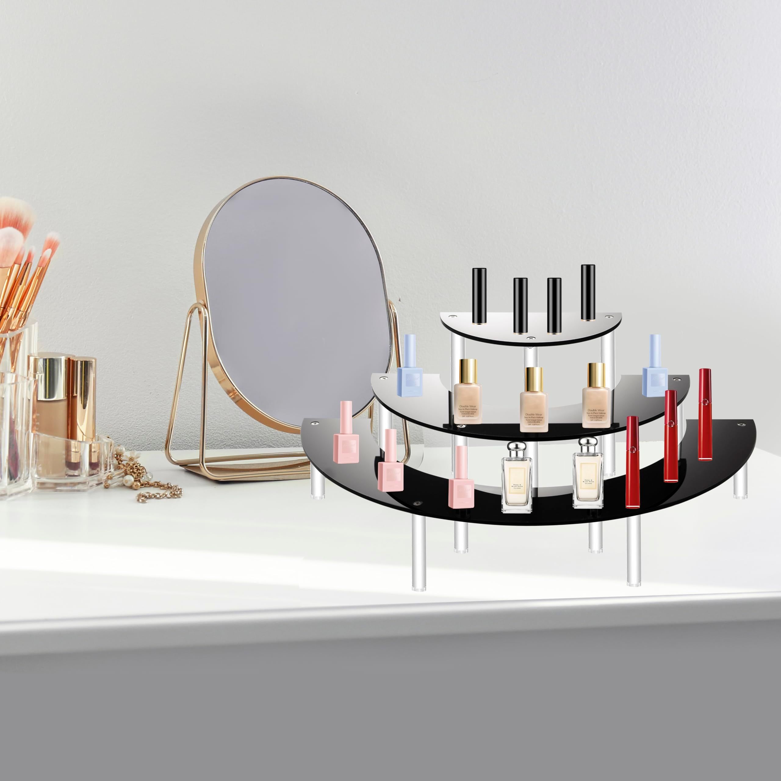3 Tier Clear Cupcake Stand Risers, 2 Pack Perfume Stand Organizer，Half Moon Dessert Stand, Acrylic Shelf Risers Display Stands — image 3