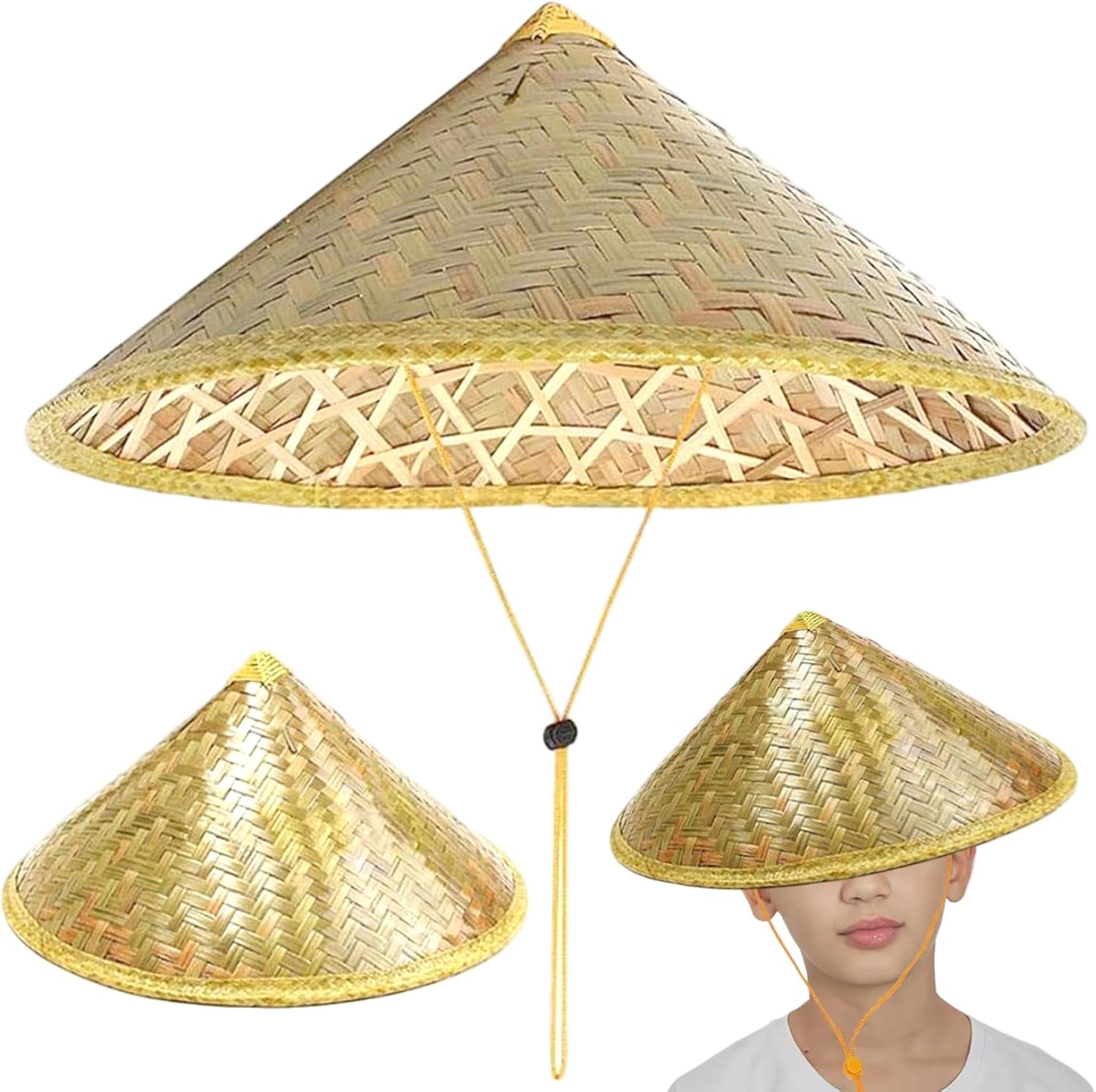 Retro Chinese Bamboo Rattan Fisherman Hat, Handmade Weave Bucket Hat, Rice with Adjustable Rope, 14 Inch Fishing Sunshade Cap for Farmer Fishing, Light Yellow โ image 2