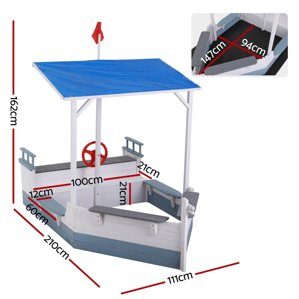 Keezi Kids Sandpit Wooden Box Boat Canopy Flag Outdoor Toys Children Blue — image 2
