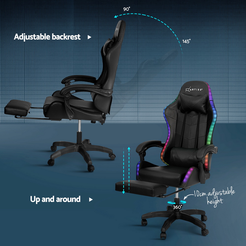 Artiss 6 Point Massage Gaming Office Chair 7 LED Footrest Black โ image 6