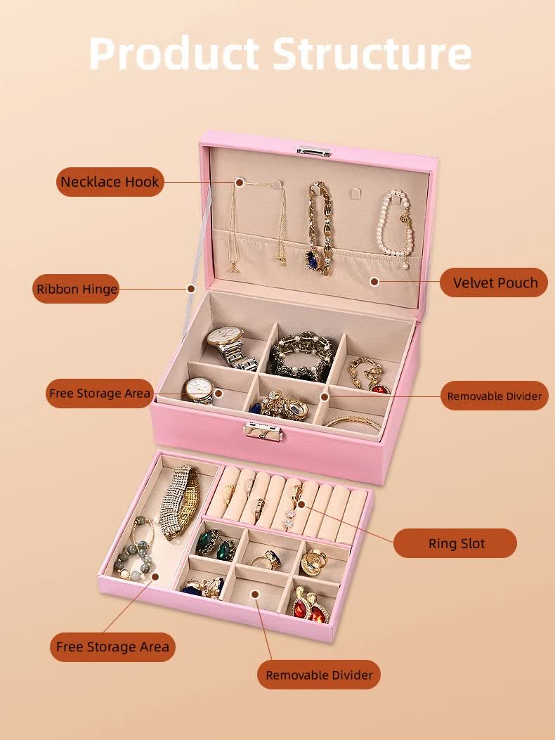 Luxury Jewelry Organizer Box - Elegant Multi-Compartment Storage Case (Pink)23 × 17 × 8.8cm — image 3