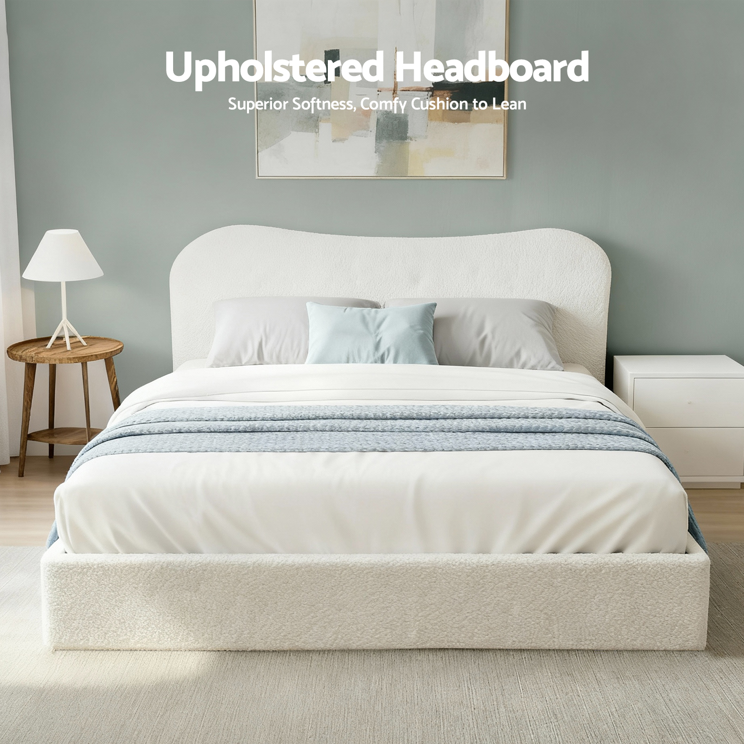 Artiss Queen Bed Frame with Gaslift Storage Wooden Platform Mattress Base Boucle Upholstered White โ image 2