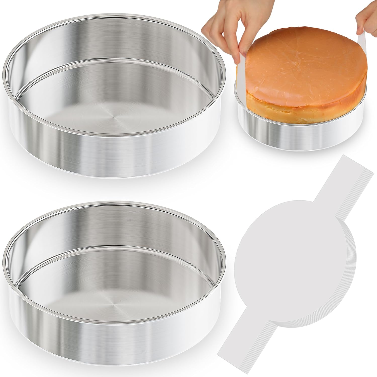 8 Inch Cake Pan Set of 2, Nonstick Stainless Steel Round Layer Cake Baking Pans with 100PCS Parchment Papers, Circle Cake Pan Tins for Birthday Christmas