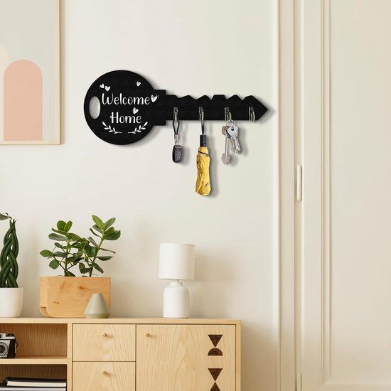 4-Hook Key-Shaped MDF Wall Key Rack, Black Welcome Home Coat and Bag Organizer, 29.5 x 12 cm β image 6