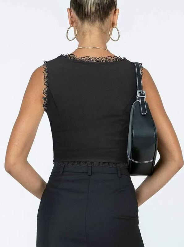 2-Pack Black French Vintage Lace Splice Camisole(S Size) - Slim Fit Halter Top with Back Detail and Button Placket โ image 4