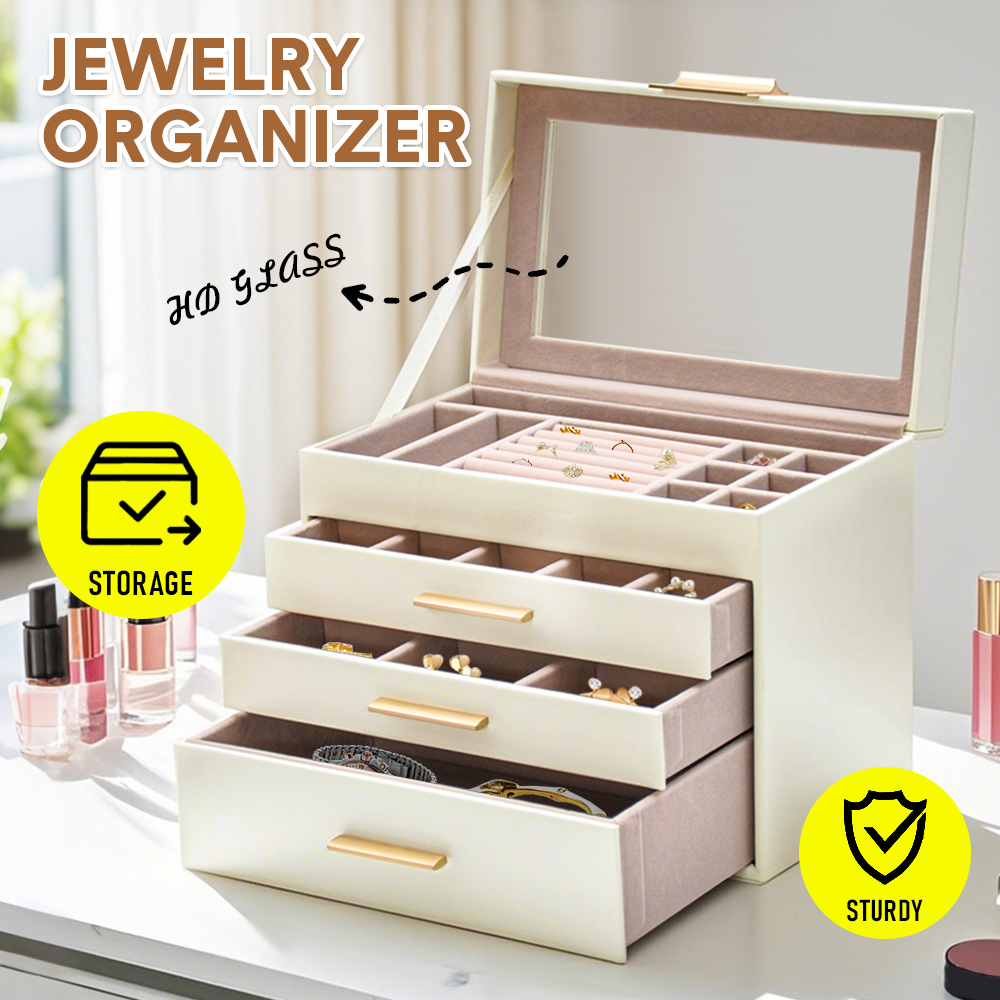 4 Layer Jewelry Box PU Leather Jewellery Organizer Multi-functional Storage Case with Clear Glass Lid and 3 Drawers for Necklaces Rings Earrings Watches — image 3
