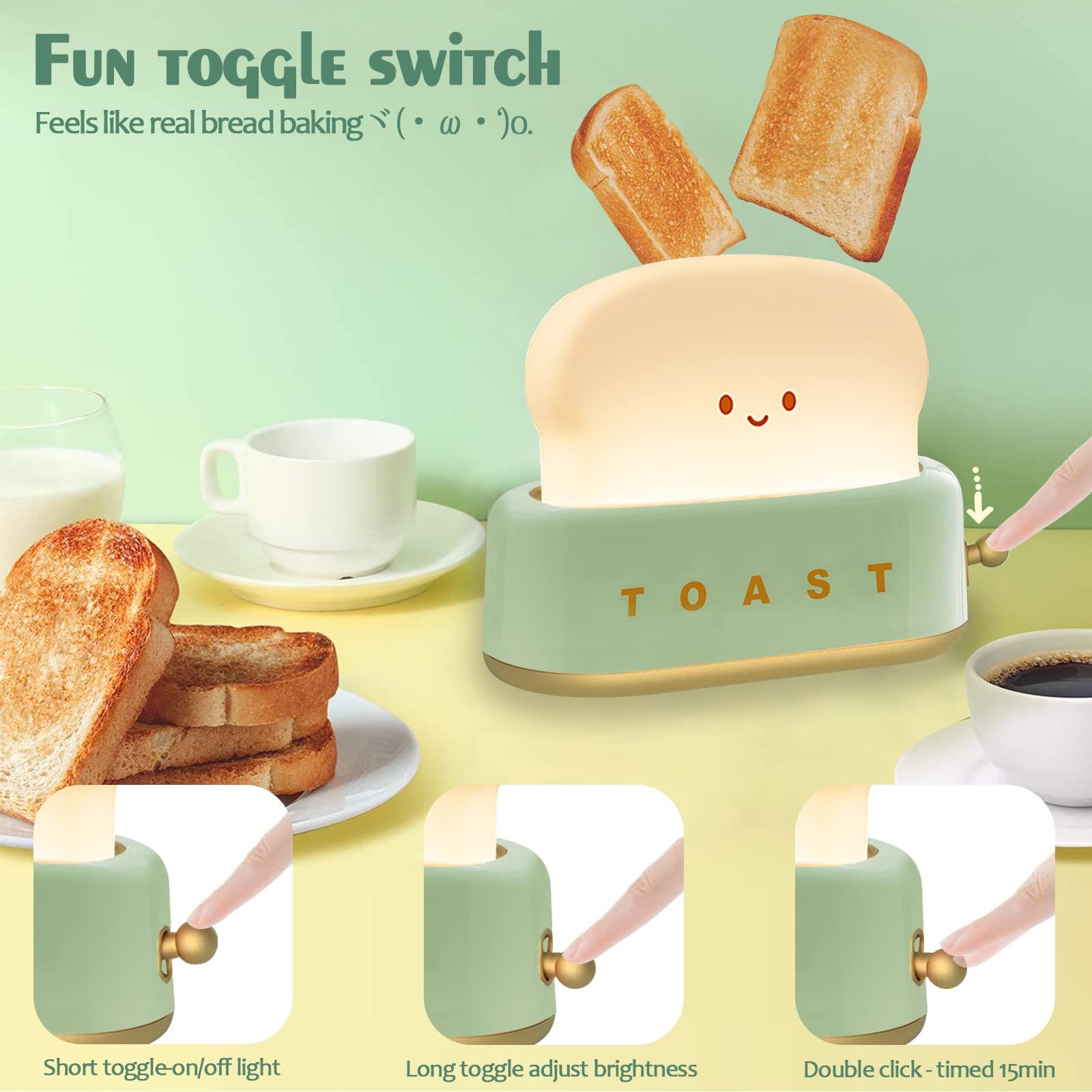 Cute Desk Decor Toaster Lamp, LED Toast Bread Night Light Rechargeable and Portable Light with Timer — image 3