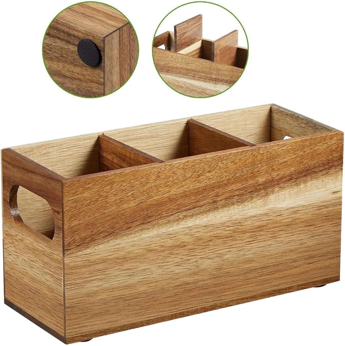 3 Compartment Wooden Utensil Caddy Organizer for Kitchen Counter - Cooking Utensil Crock for Countertop(22.9*8.9*11.4cm) — image 2